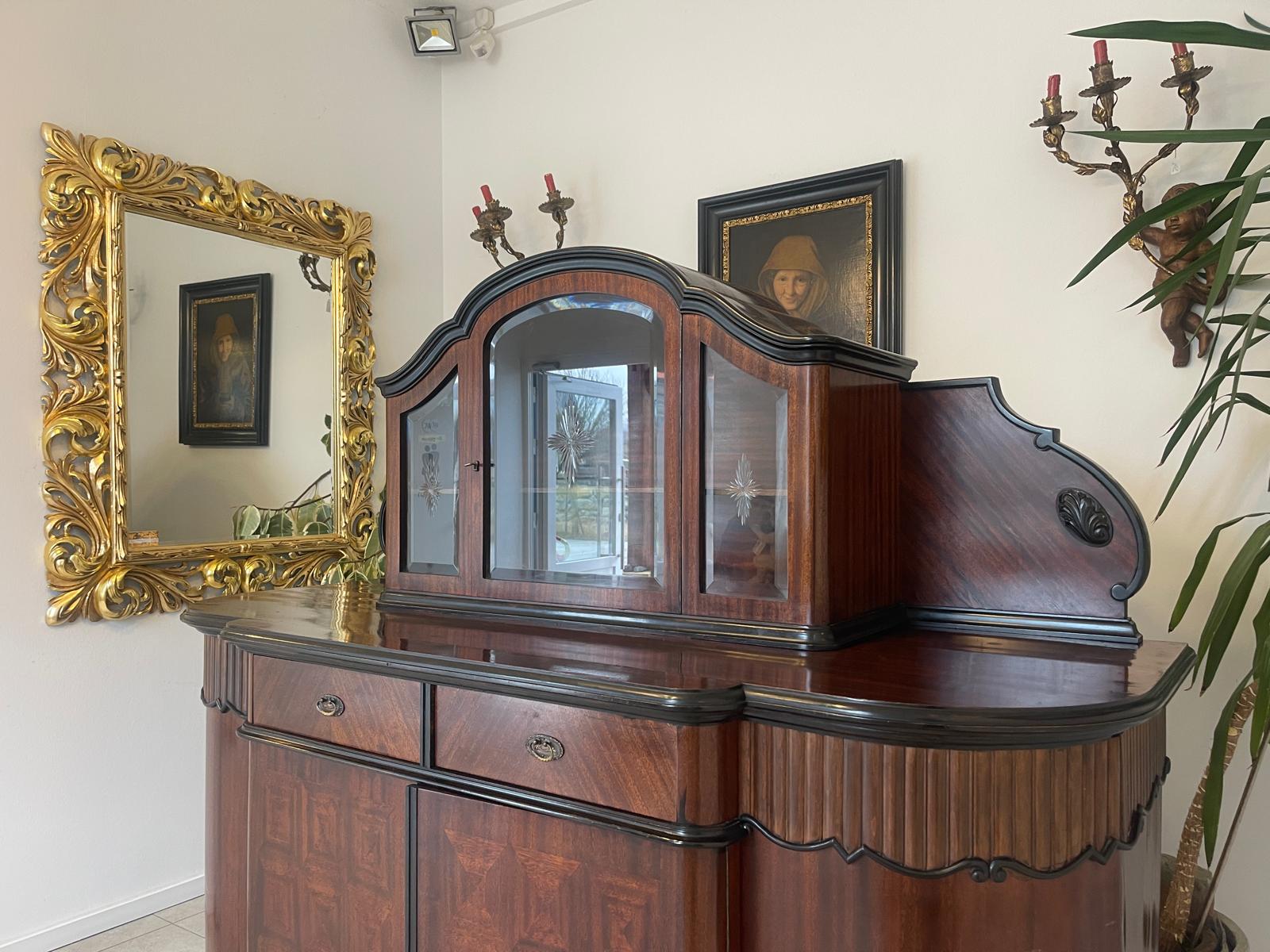 Historismus Glas Vitrine Anrichte Barschrank Sideboard mit Schnitzarbeiten G1142