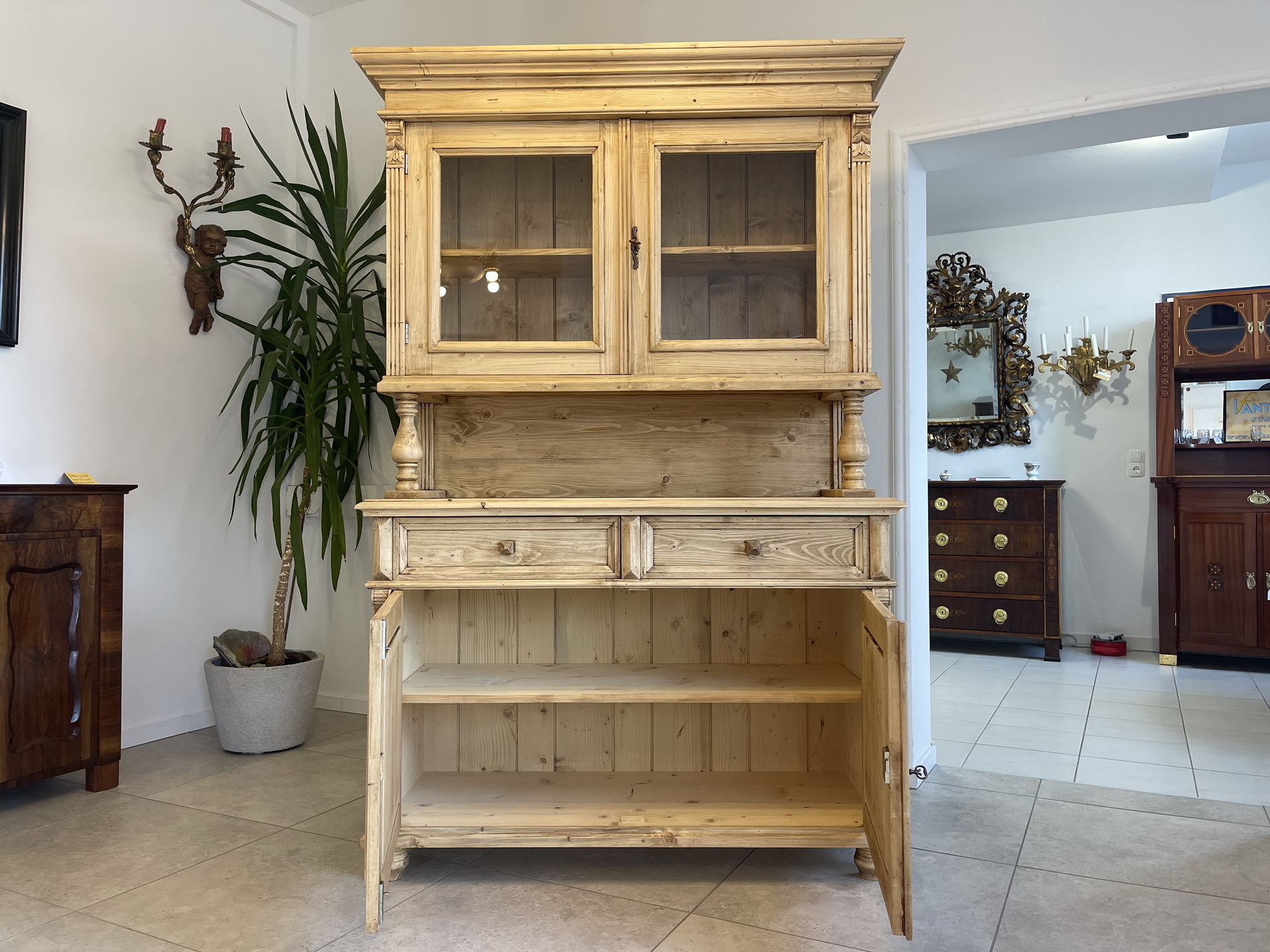 Biedermeier-Barock-11D2hrDX5qtbVyT Gründerzeit Küchenkredenz Antike Vitrinenschrank aus massivem Fichtenholz A4077