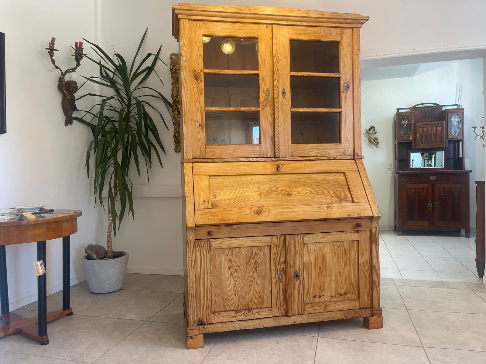 Bäuerlicher Barock Standsekretär Schreibtisch Glasschrank Sekretär Naturholz G1280