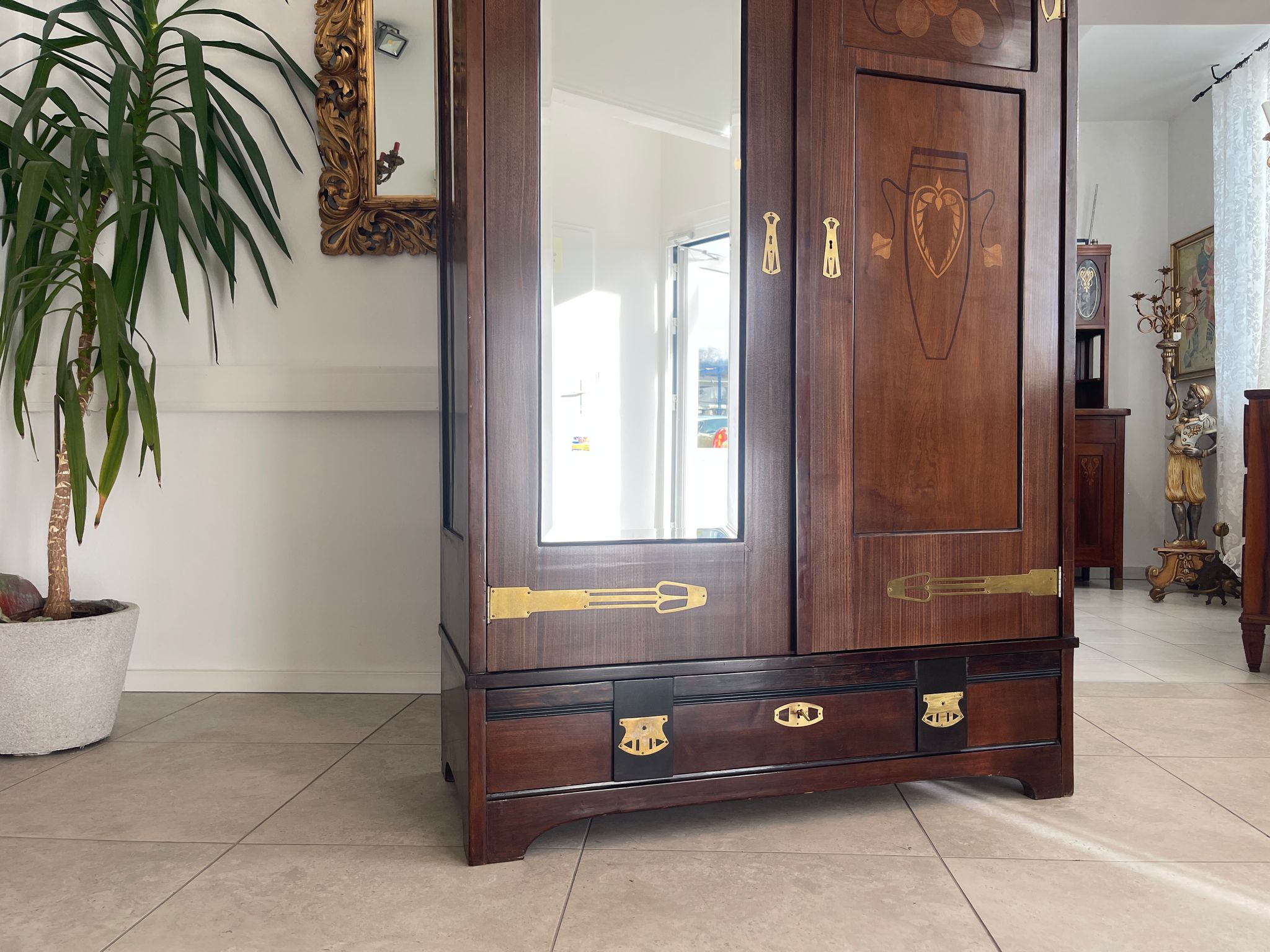 Traum Jugendstil Bücherschrank Spiegelschrank Marketiert Antiquität G1295