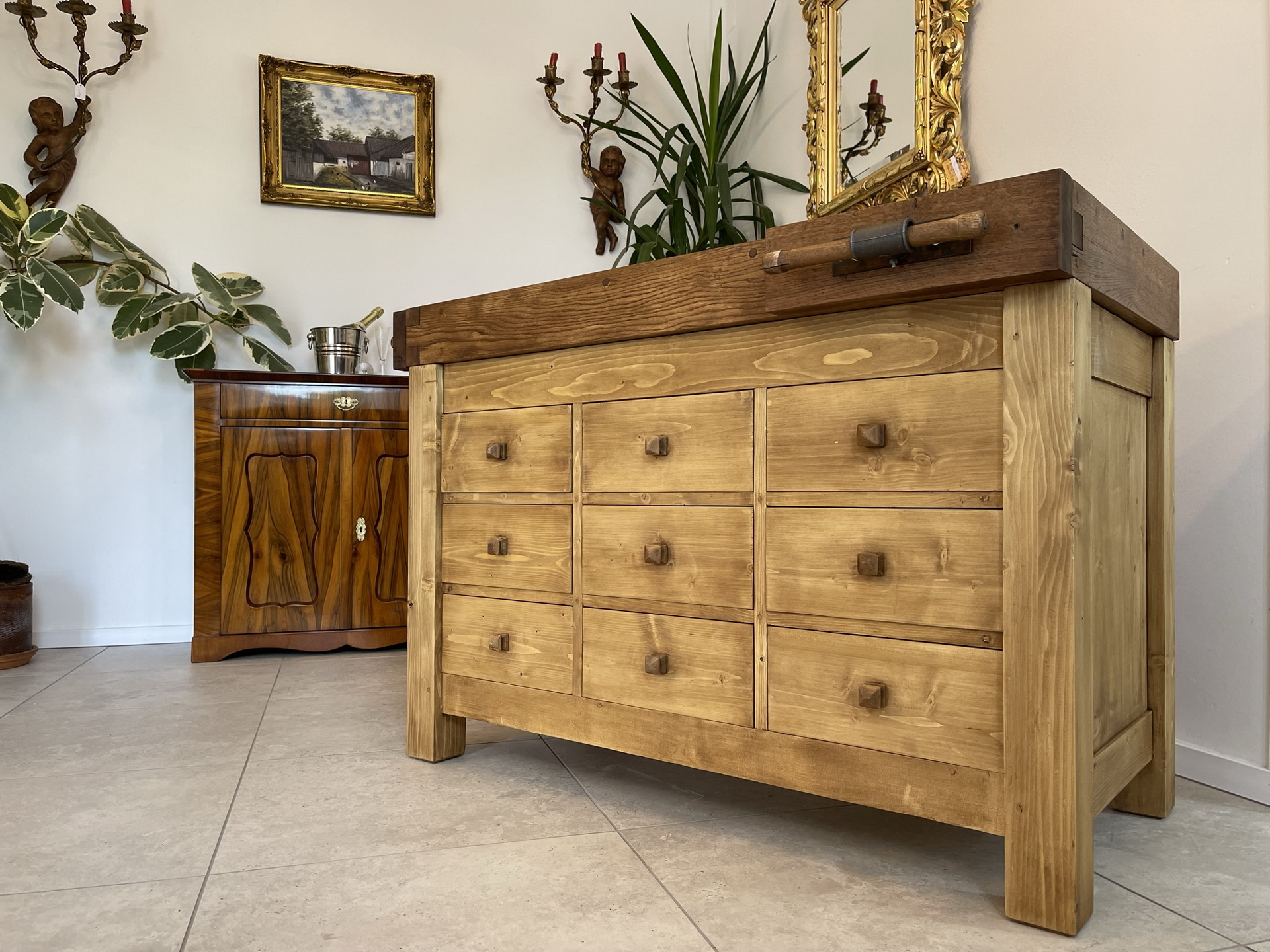 Barock-Empire-Biedermeier_34 schmale Hobelbank,Werkbank Ladentisch i1965