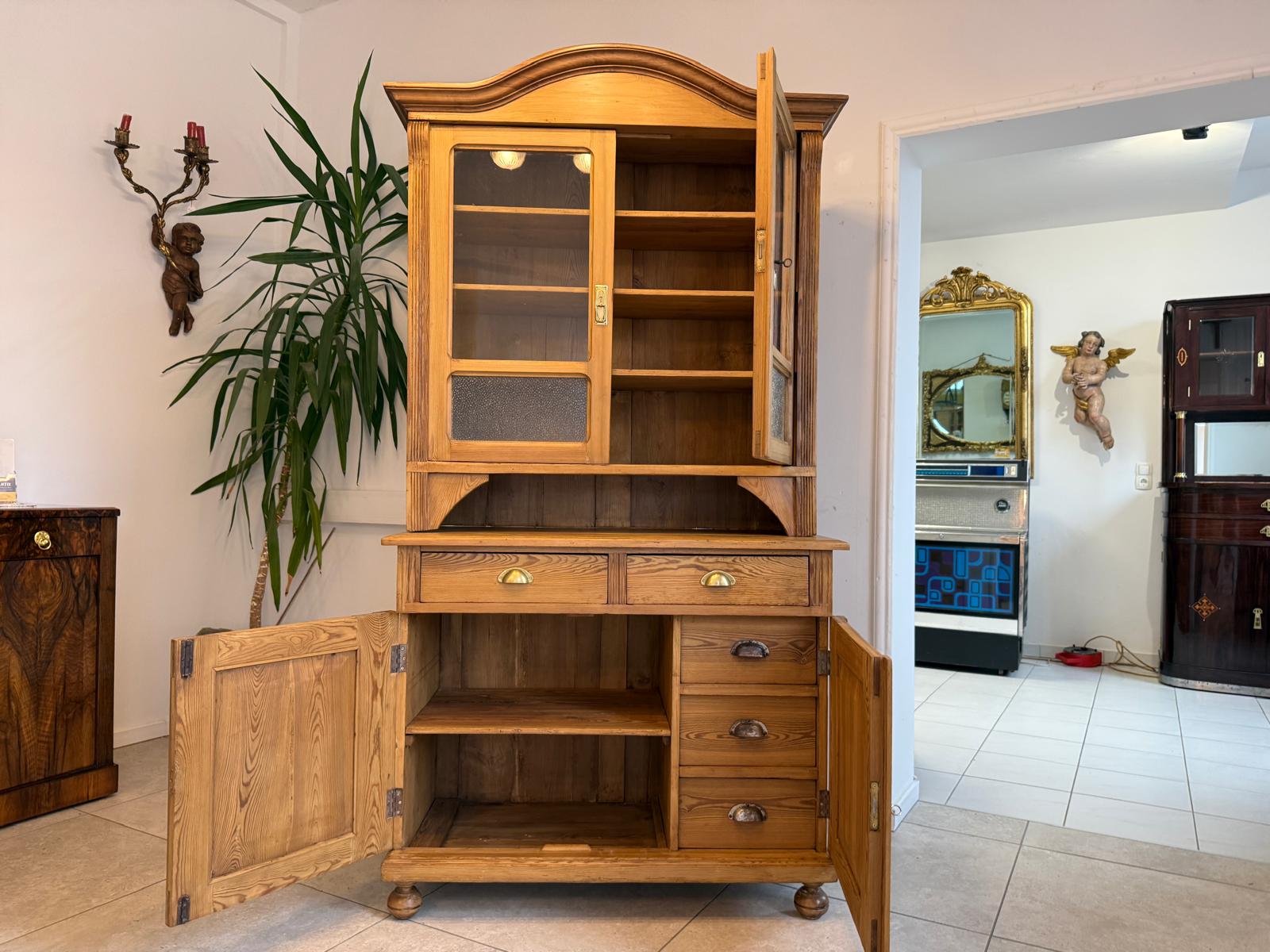 Jugendstil Küchenschrank Naturholz Fichtenholz Turmkredenz Antik Weichholz D1118