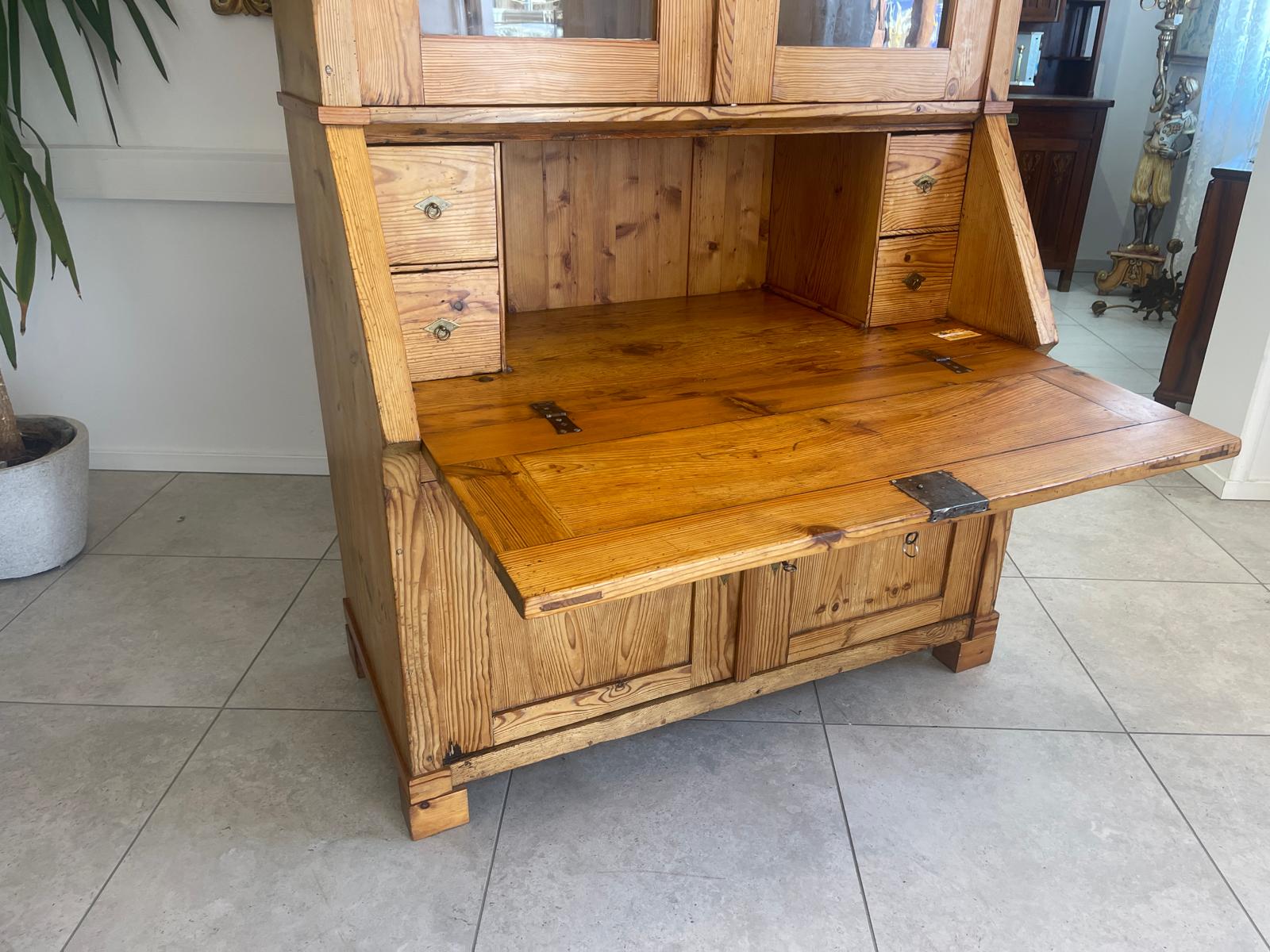 Bäuerlicher Barock Standsekretär Schreibtisch Glasschrank Sekretär Naturholz G1280