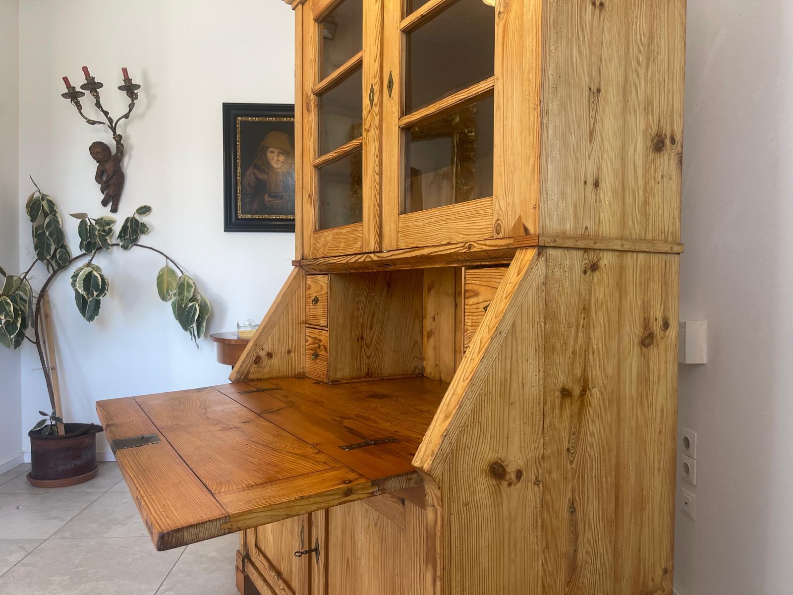Bäuerlicher Barock Standsekretär Schreibtisch Glasschrank Sekretär Naturholz G1280