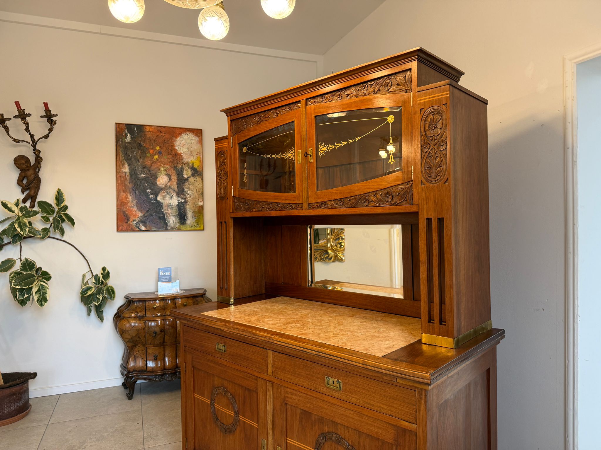 Elegantes Originales Jugendstil Designerbuffet Aufsatzbuffet Glasschrank D1188