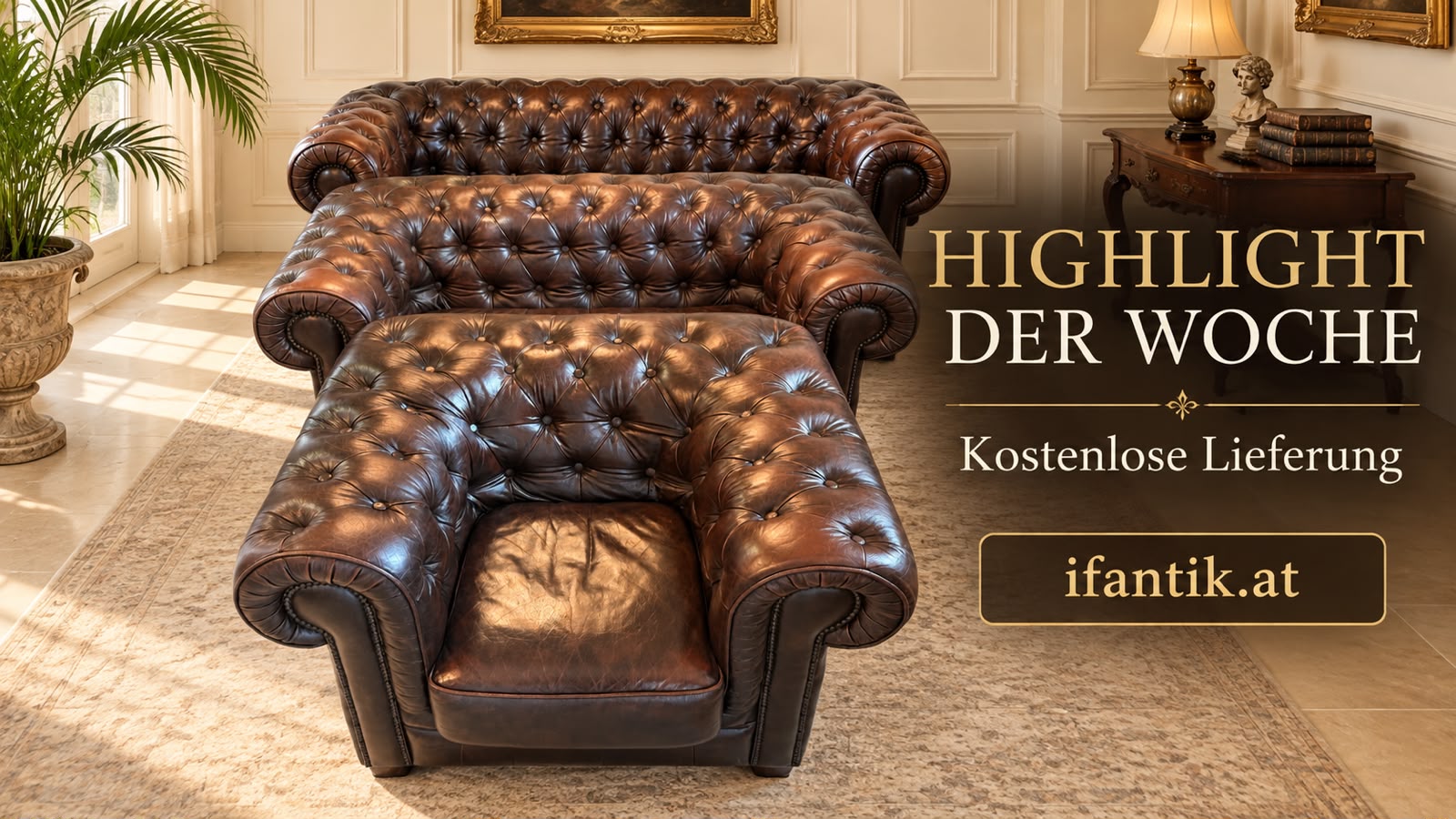 Chesterfield Ensemble 3 teilig Ledersofa Fauteuils Clubmöbel Cultmöbel D2844