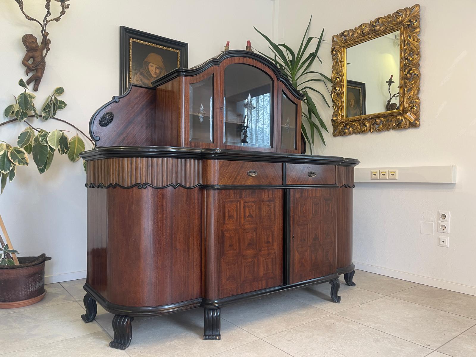 Historismus Glas Vitrine Anrichte Barschrank Sideboard mit Schnitzarbeiten G1142