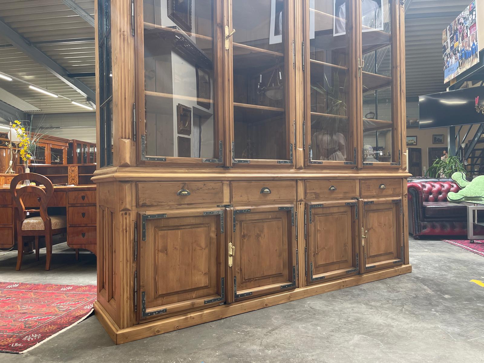 Antiker Bäuerlicher Bücherschrank Große französische Bibliotheksvitrine Glasschrank G1367
