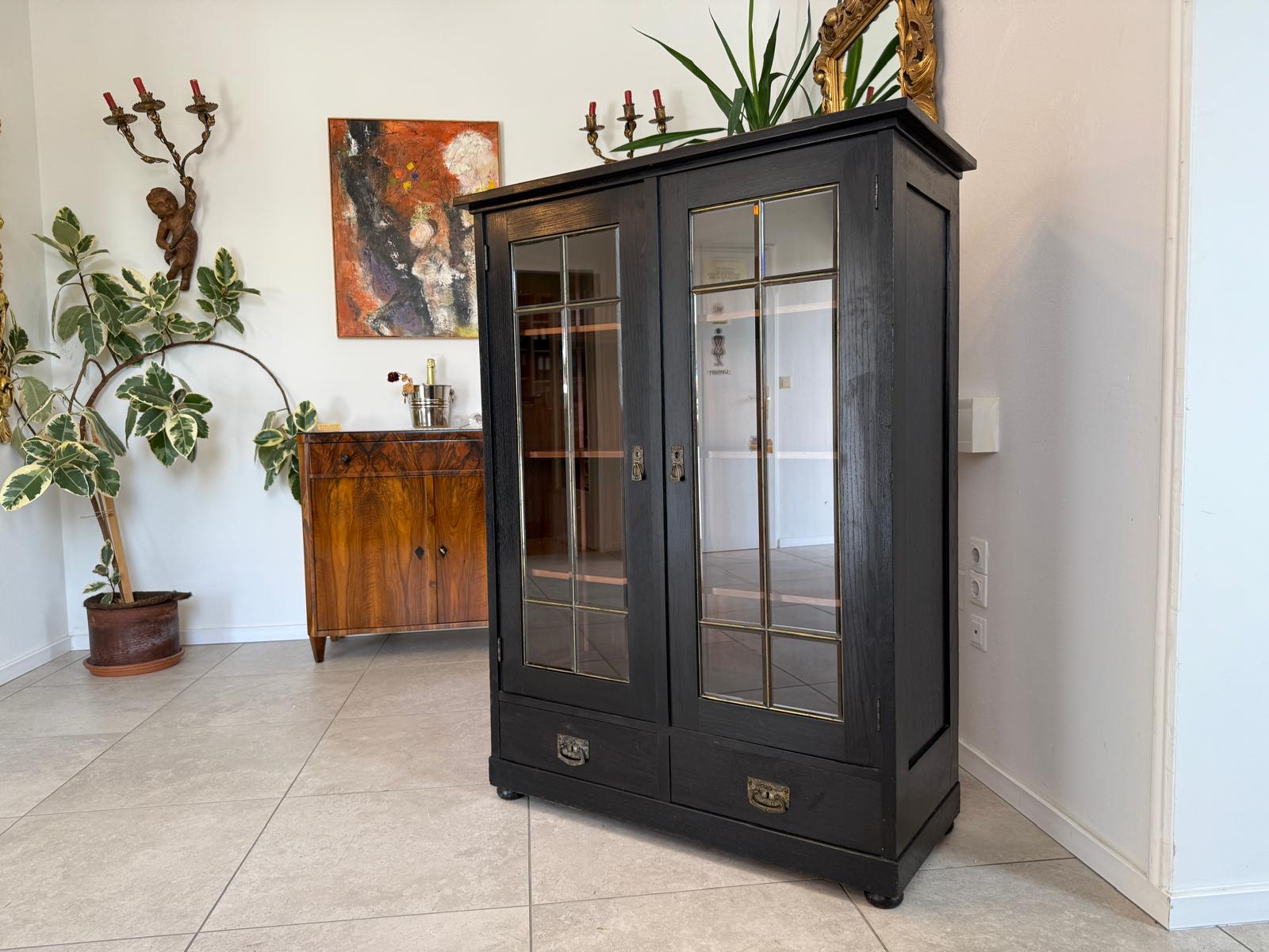 Original Jugendstil Vitrine Bücherschrank Vitrinenschrank Schwarz Antik G2060