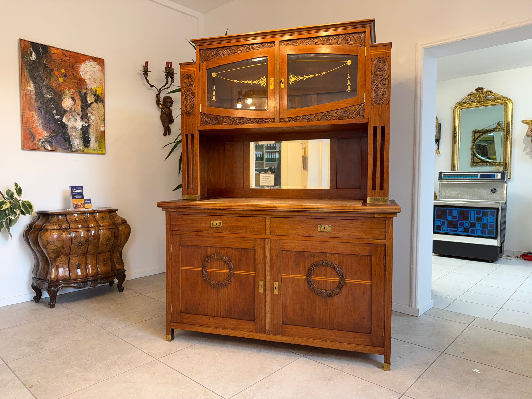 Elegantes Originales Jugendstil Designerbuffet Aufsatzbuffet Glasschrank D1188