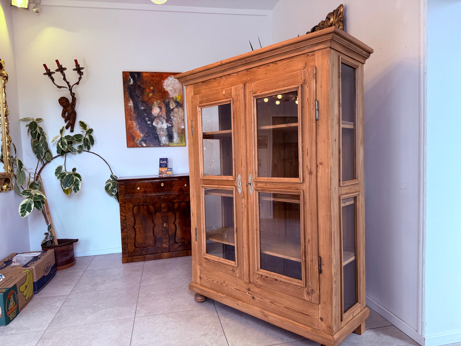 Antike Bauernvitrine Vitrine Naturholz Bücherschrank Alte Bauernmöbel D2466