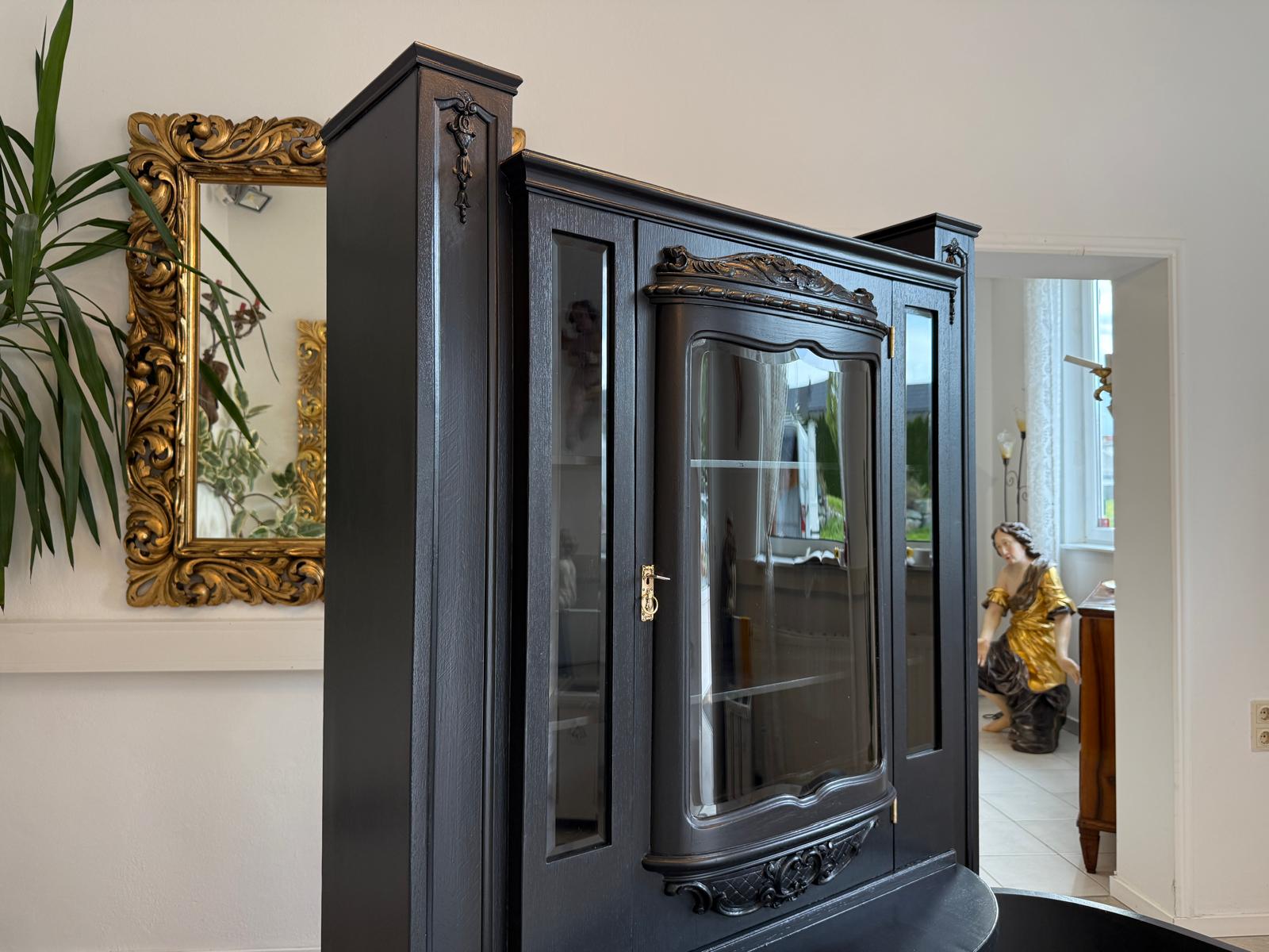 Restauriertes Jugendstil Aufsatzbuffet Bücherschrank Schwarz Antik G2172-1