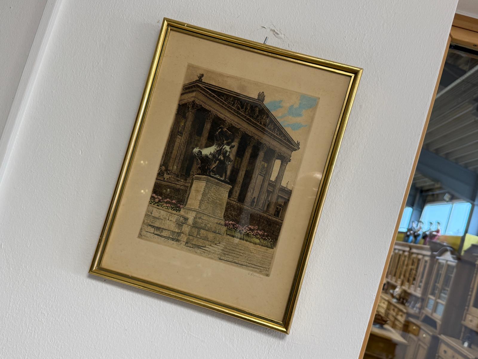 Architektonische Farblithografie mit klassizistischem Motiv Tempelbau D1121