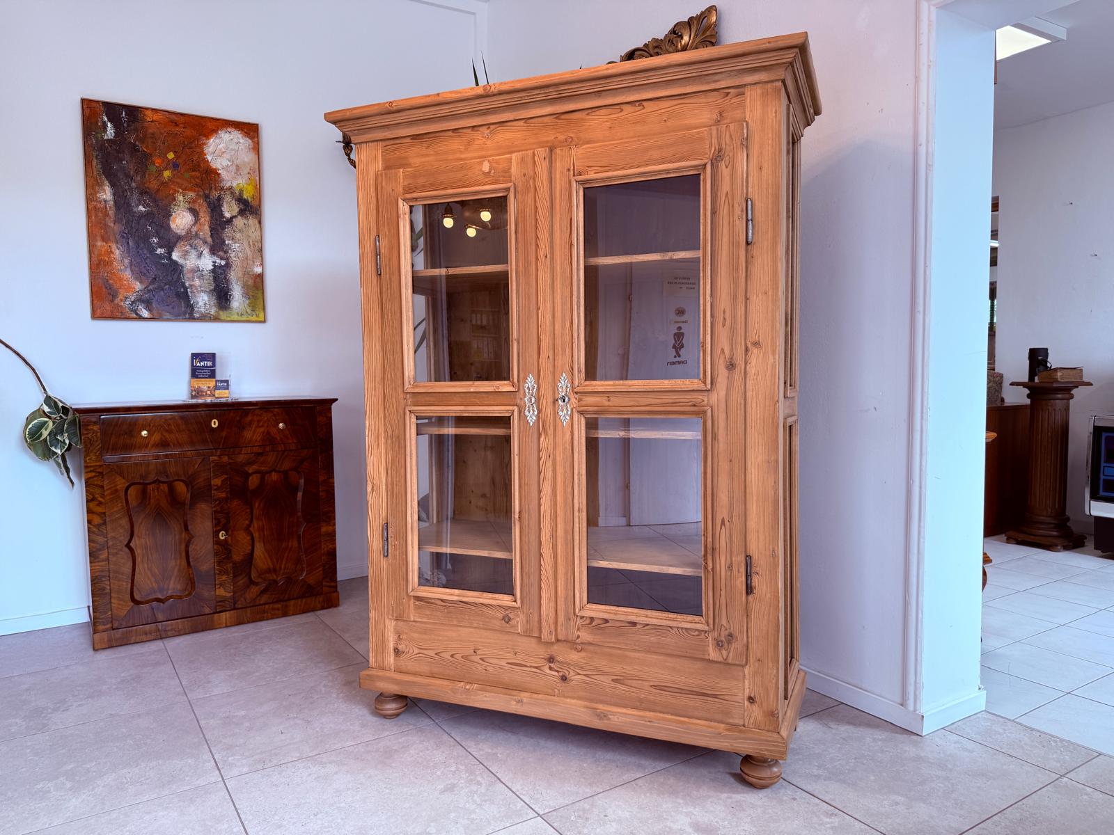Antike Bauernvitrine Vitrine Naturholz Bücherschrank Alte Bauernmöbel D2466