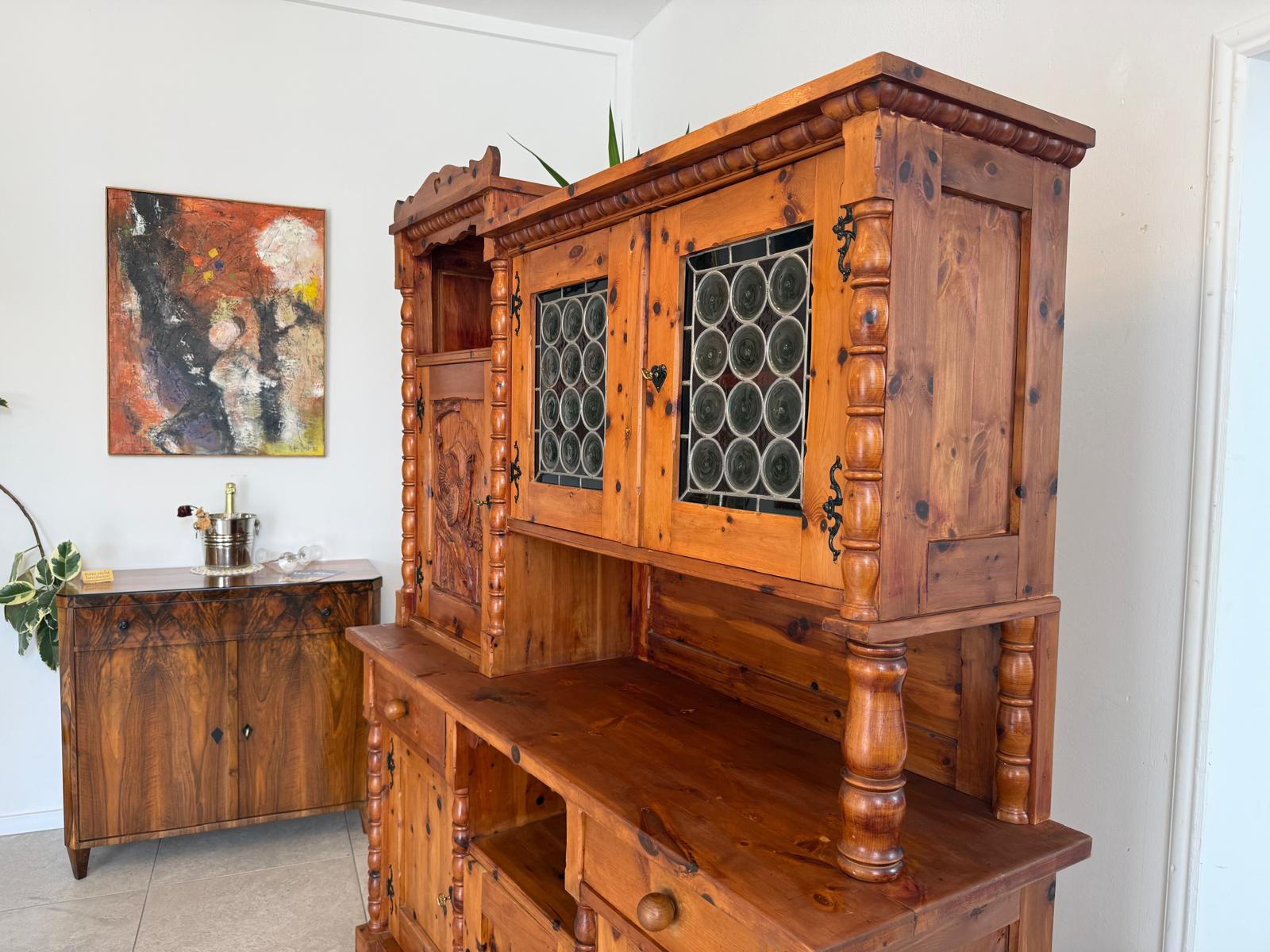 Historismus Kredenz Aufsatzschrank Buffet Tiffany Verglasung G1990