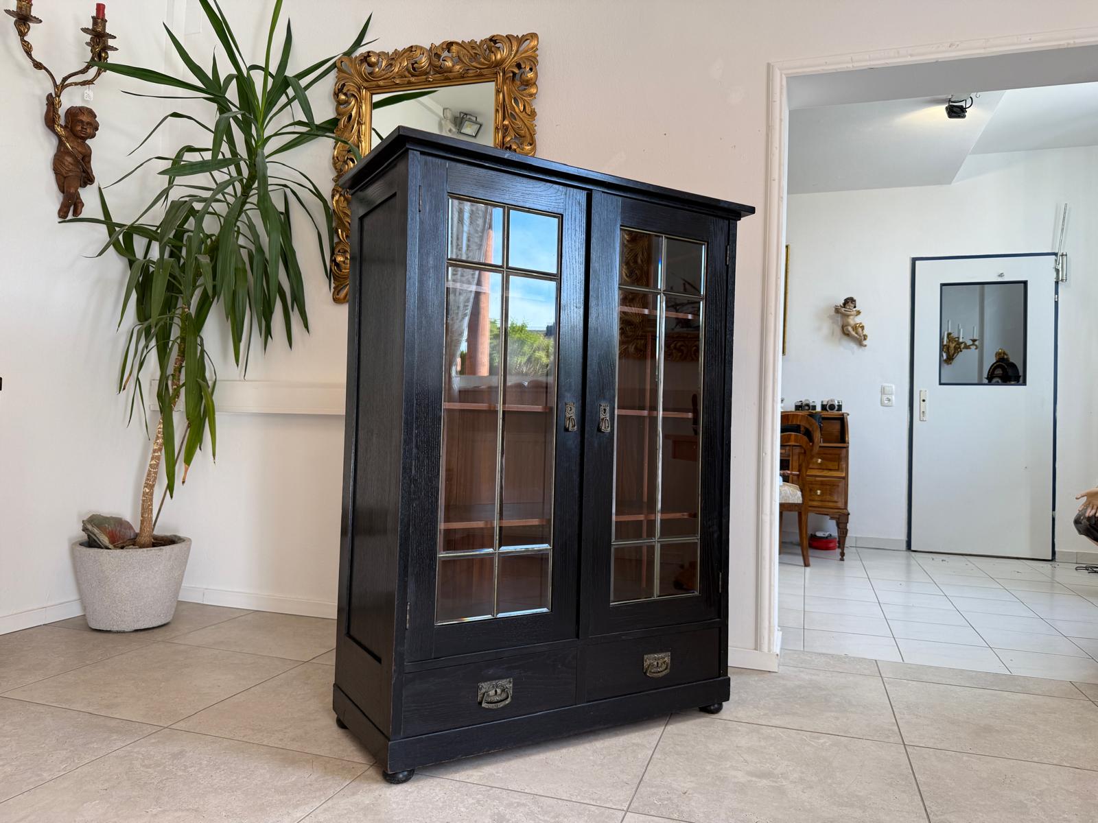 Original Jugendstil Vitrine Bücherschrank Vitrinenschrank Schwarz Antik G2060