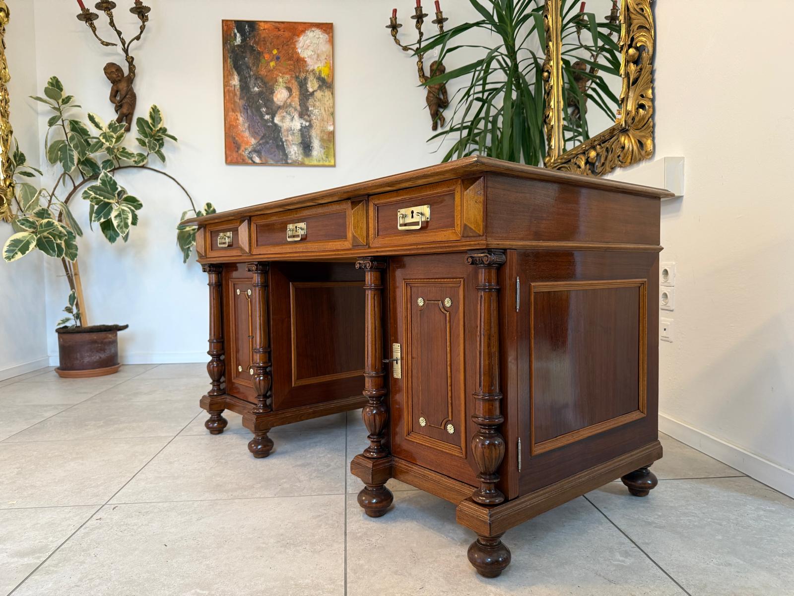 Restaurierter Original Gründerzeit Säulen Schreibtisch Sekretär Eichenholz G2240