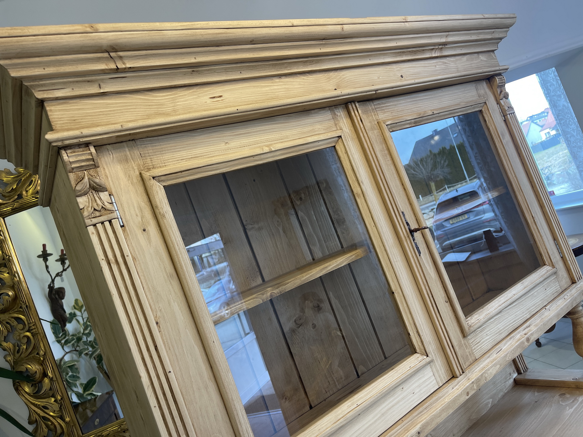 Biedermeier-Barock-09SMoqc86cl8fnd Gründerzeit Küchenkredenz Antike Vitrinenschrank aus massivem Fichtenholz A4077