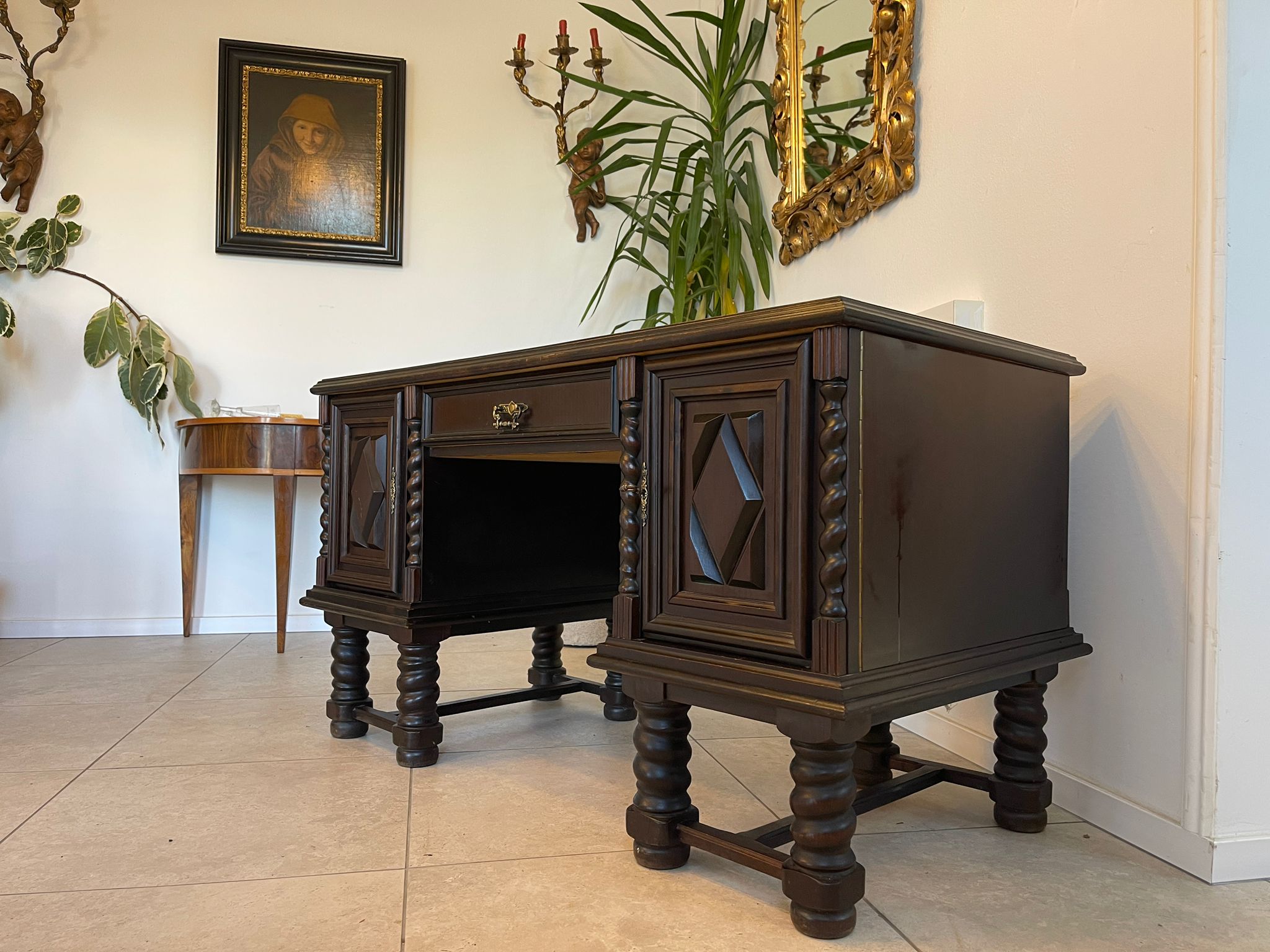 Jugendstil Schreibtisch Sekretär Freisteher Schwarz A5489