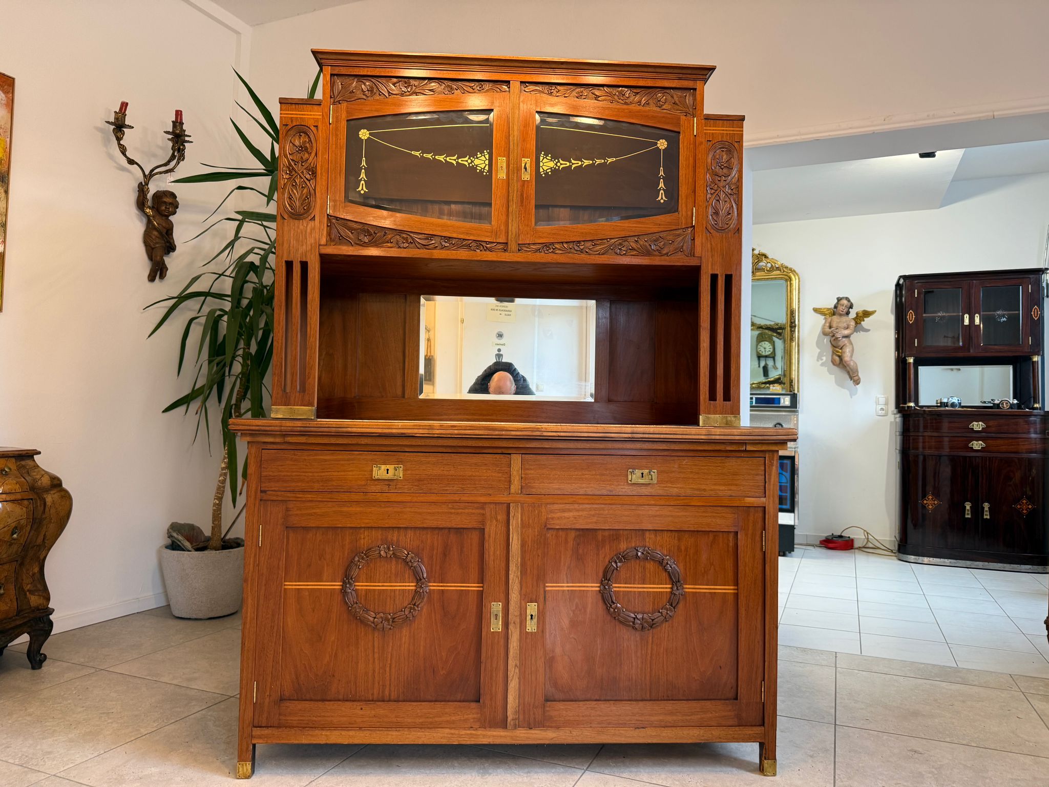 Elegantes Originales Jugendstil Designerbuffet Aufsatzbuffet Glasschrank D1188