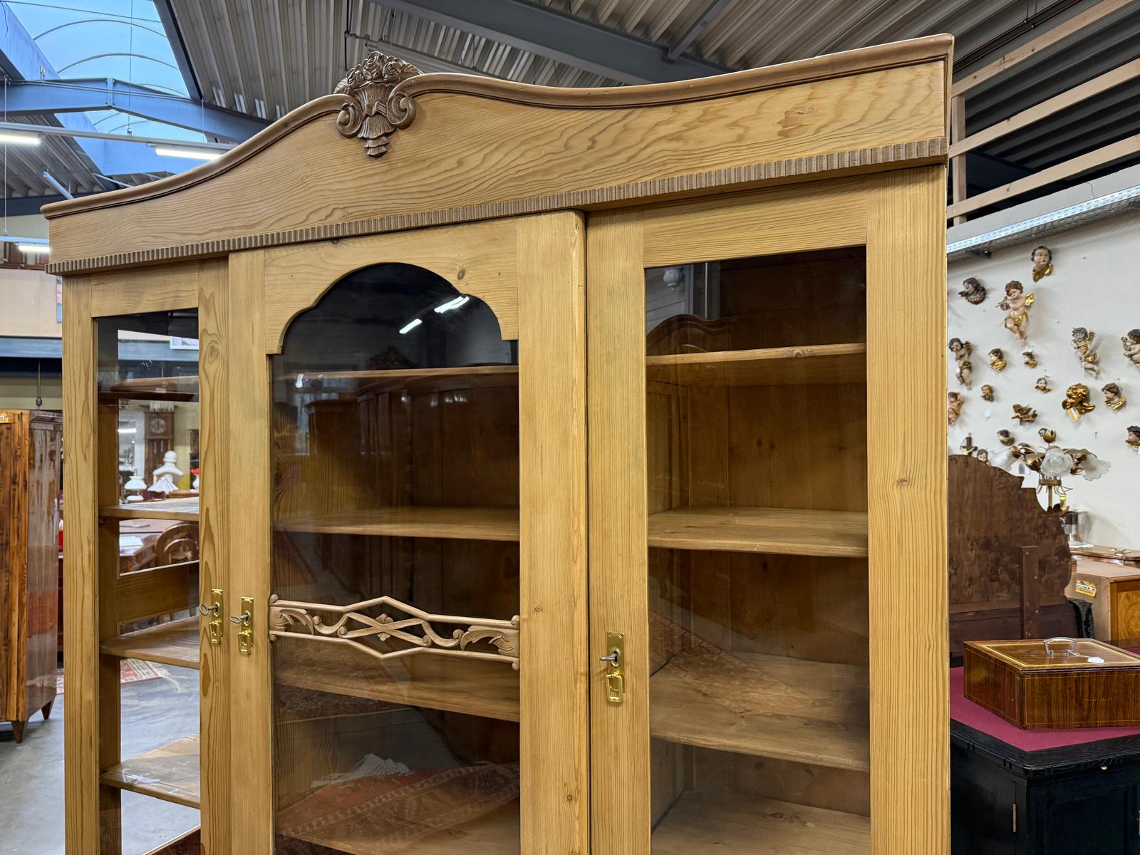 Antiker Bäuerlicher Bücherschrank Große Bibliotheksvitrine Glasschrank G2265