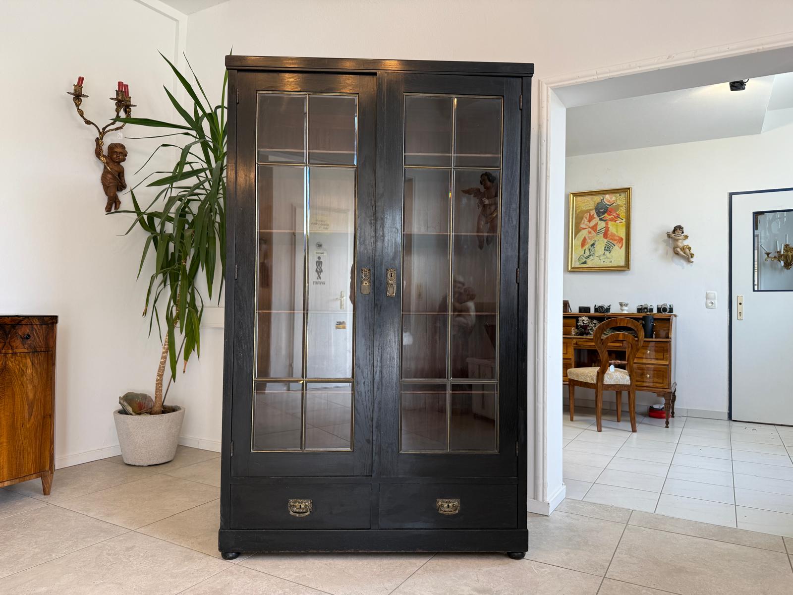 Original Jugendstil Vitrine Bücherschrank Vitrinenschrank Schwarz Antik G2059