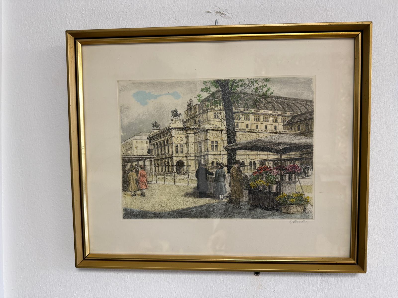 Stimmungsvolle Farblithografie mit Wiener Stadtmotiv Wiener Staatsoper D1122