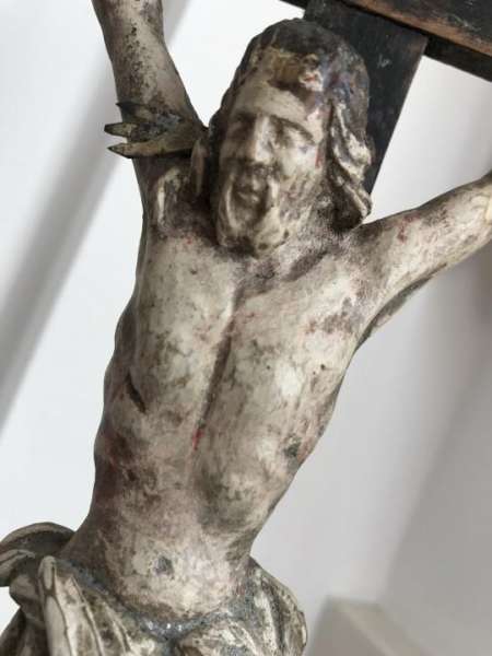 Standkreuz Kruzifix Dreinageltypus Memento Mori INRI geschnitzt & gefasst 19.Jh W2131